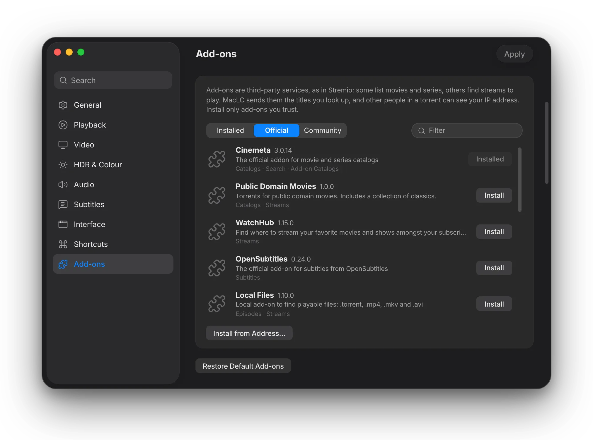 MacLC Settings Add-ons pane showing installed official and community add-ons