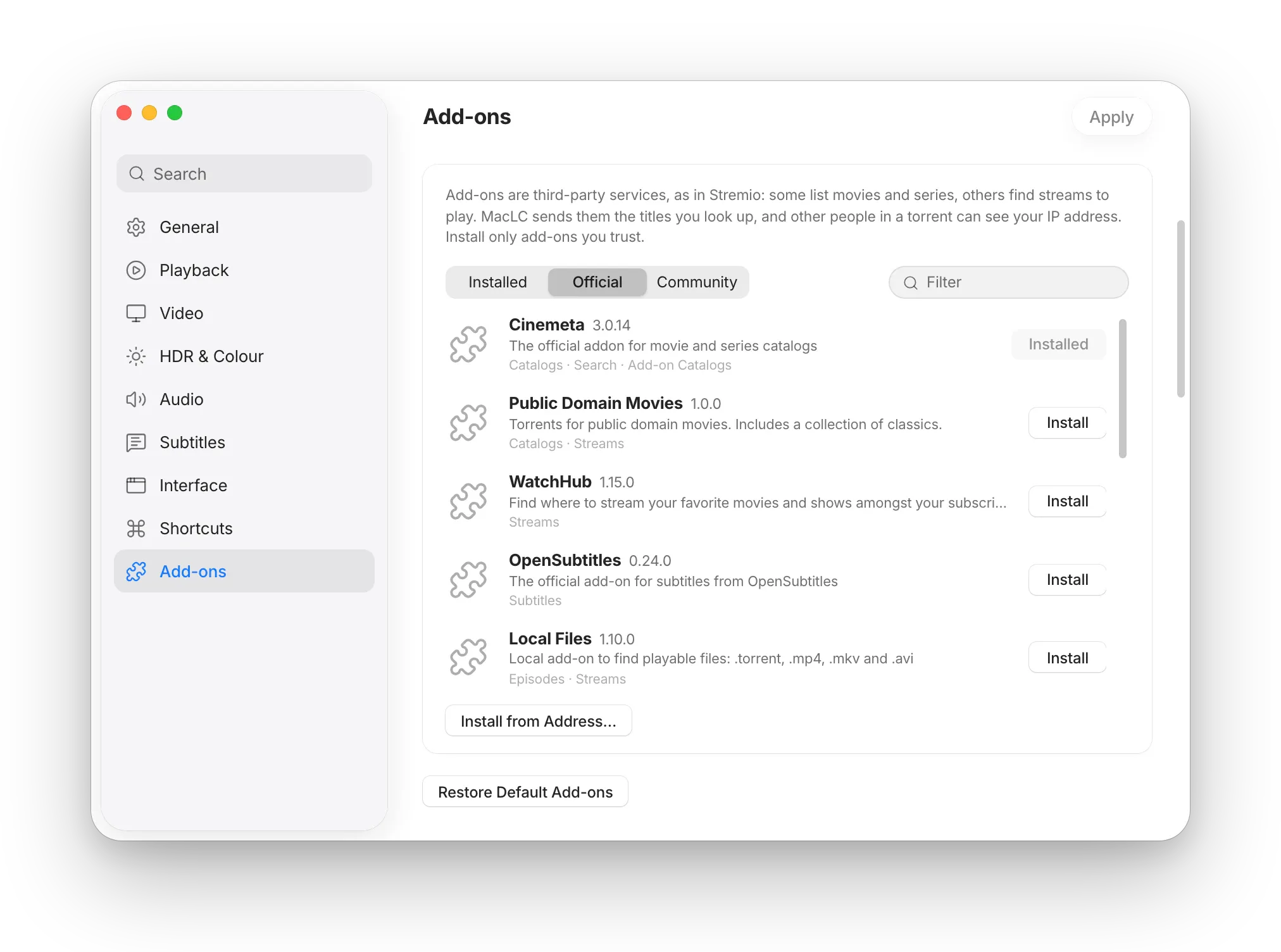 MacLC Settings Add-ons pane showing installed official and community add-ons