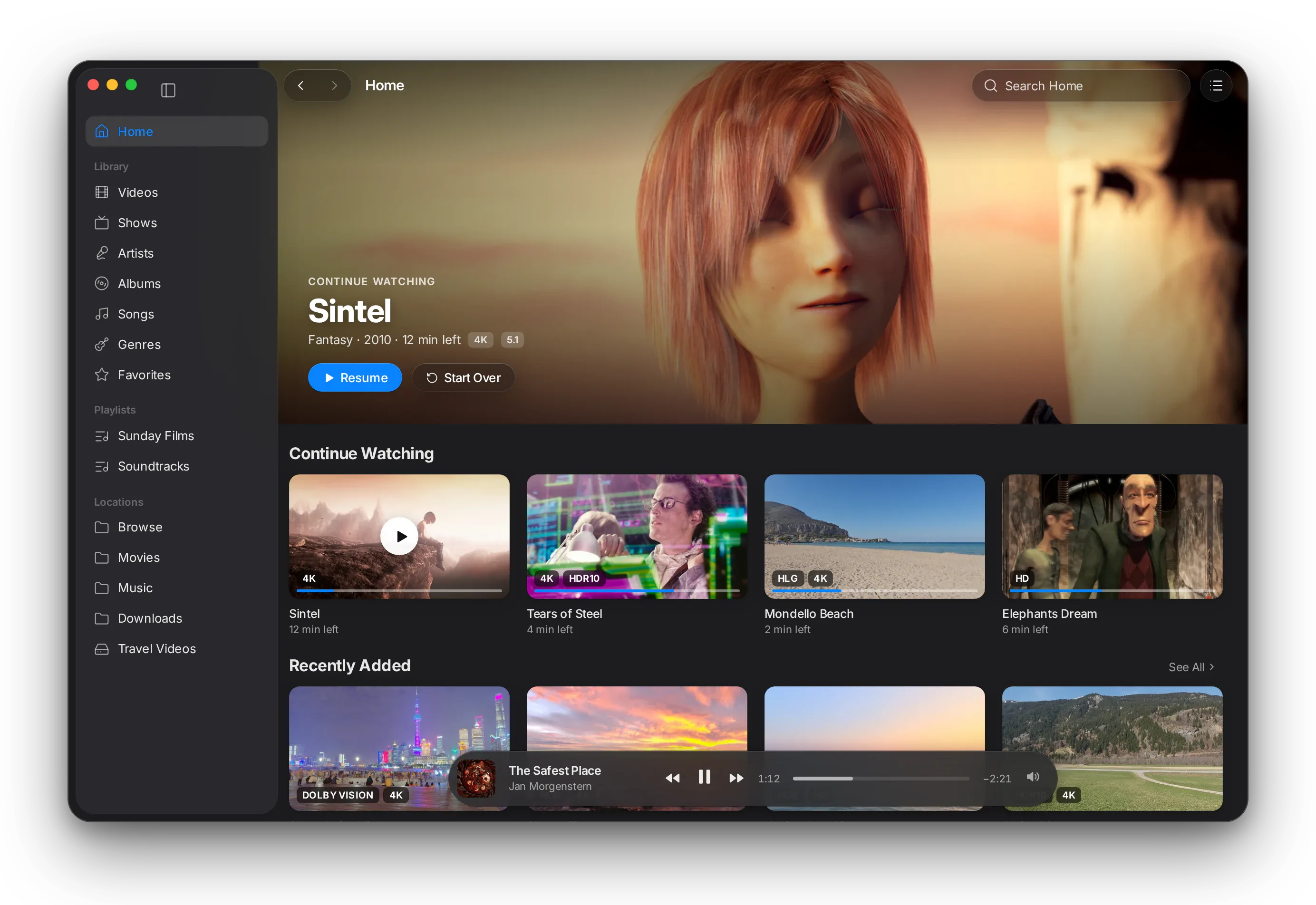 MacLC media library displaying movies and TV shows organized by season with HDR and 4K badges.