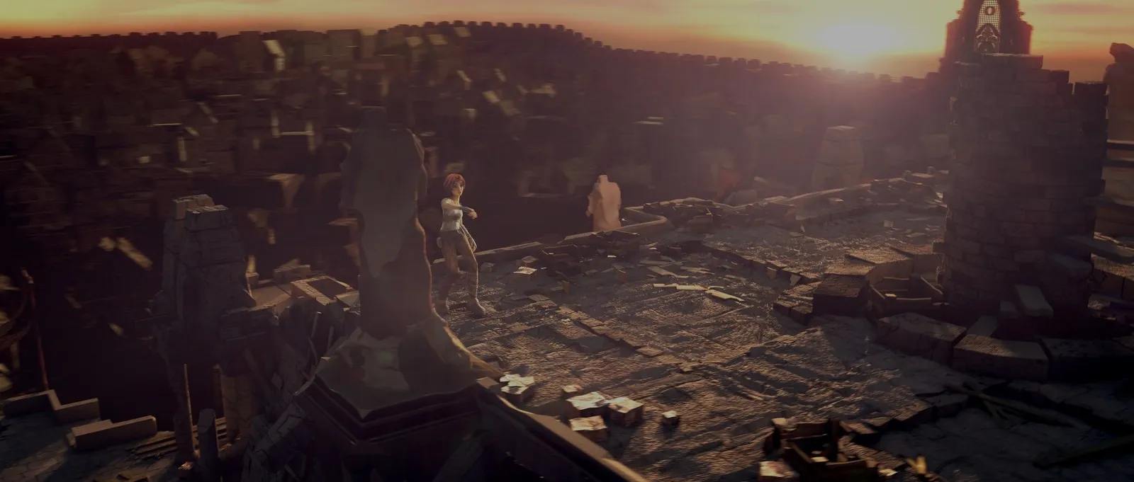 A frame of Sintel at sunset, as an ordinary video shows it: the sun and sky stop at plain white.
