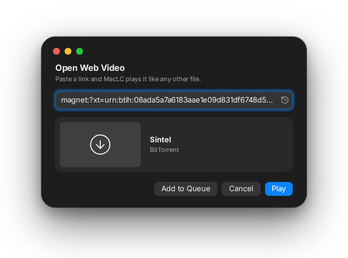 MacLC torrent streaming interface showing download progress, peer counts, and buffer status