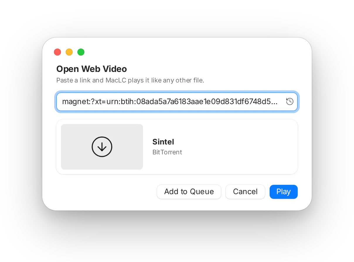 MacLC torrent streaming interface showing download progress, peer counts, and buffer status