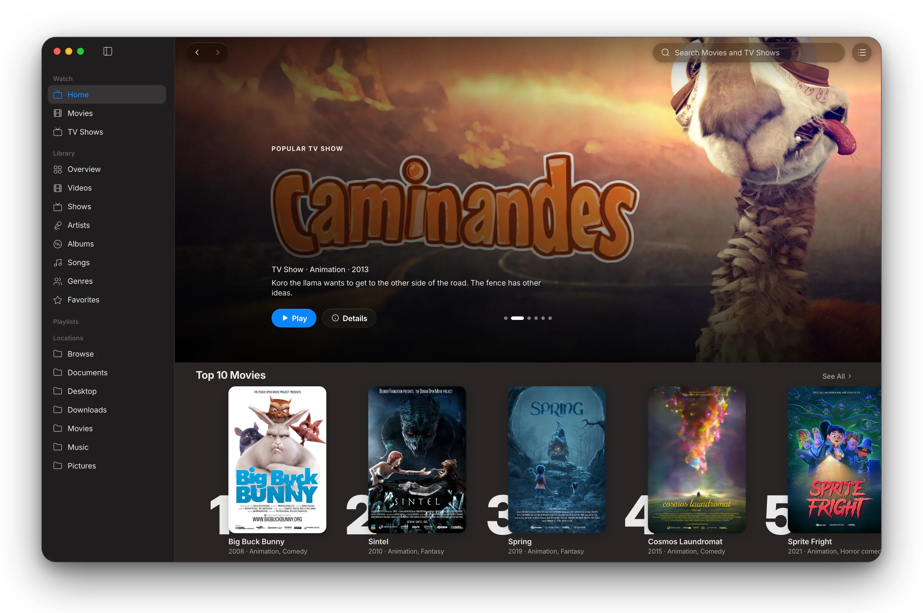 MacLC Watch section showing Cinemeta catalog with poster grid, filter options, and stream details