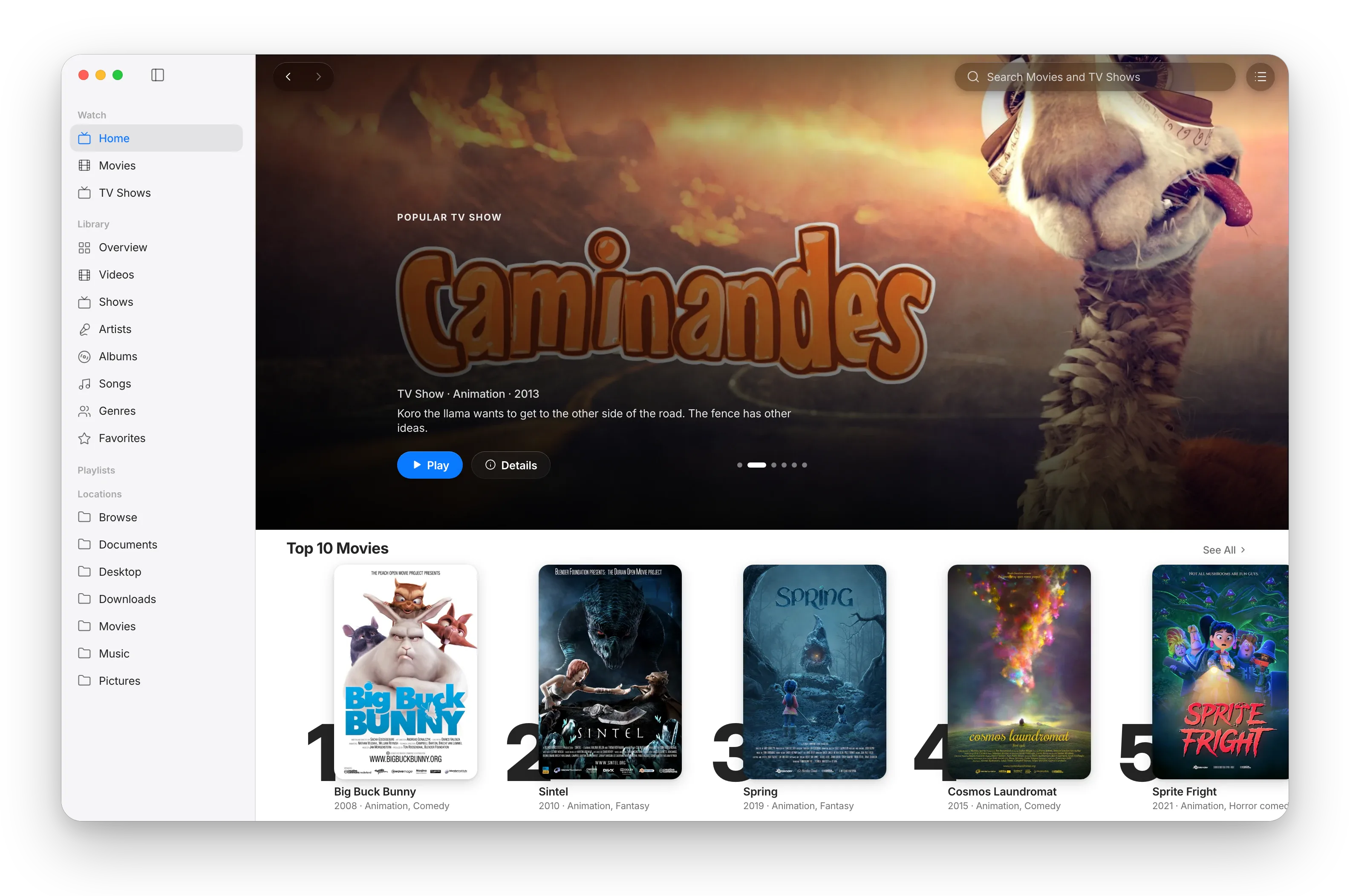 MacLC Watch section showing Cinemeta catalog with poster grid, filter options, and stream details