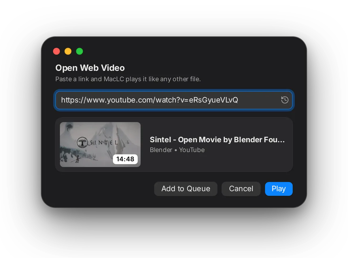 Open Web Video window and YouTube sidebar section on macOS